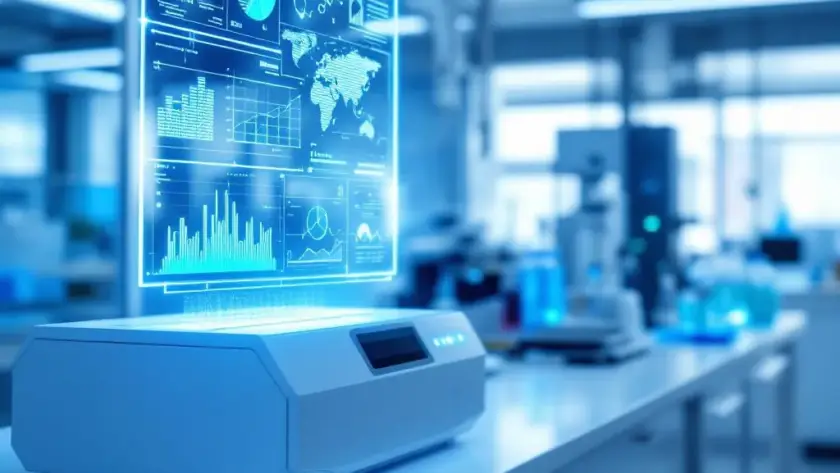 AI in het QC laboratorium - futuristisch farmaceutisch lab met AI data visualisatie boven HPLC apparatuur