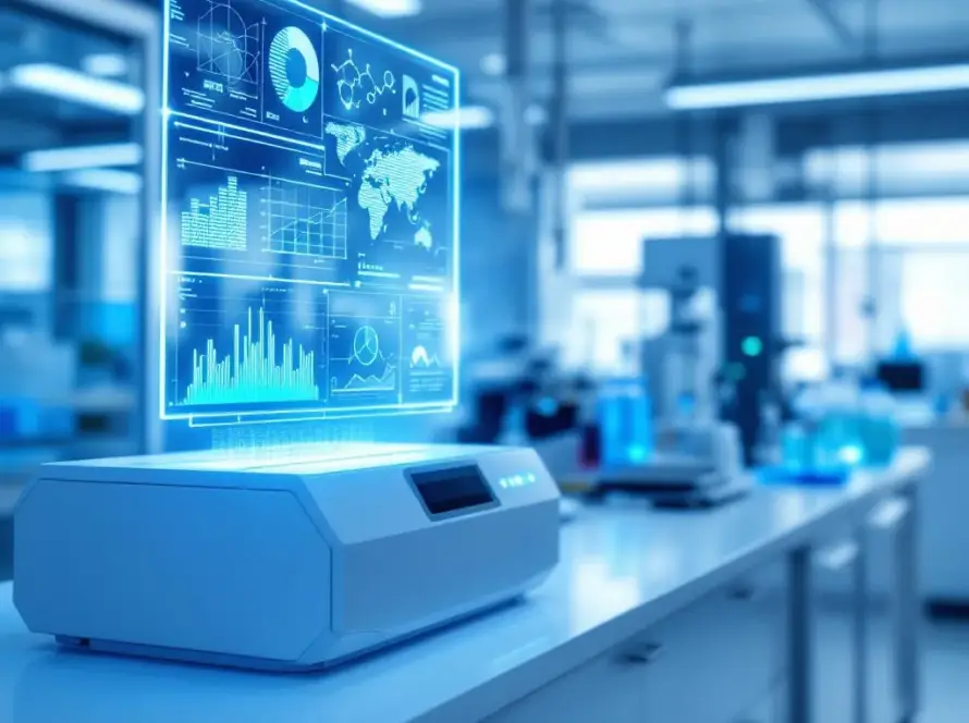 AI in het QC laboratorium - futuristisch farmaceutisch lab met AI data visualisatie boven HPLC apparatuur