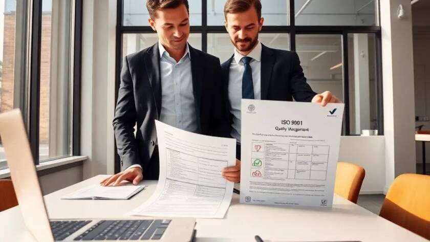 Twee professionals bespreken ISO 9001 kwaliteitsmanagement documentatie op kantoor